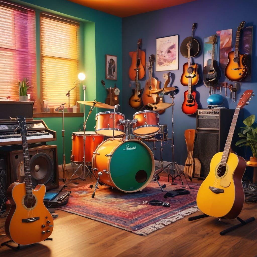 A vibrant music studio filled with colorful instruments, vinyl records scattered around, and a passionate vlogger filming a lively jam session with friends. Show a variety of guitars, a drum set, and a microphone, with sound waves and musical notes floating in the air, creating a dynamic atmosphere. Include bright lights and a warm color palette to evoke creativity. super-realistic. vibrant colors. 3D.