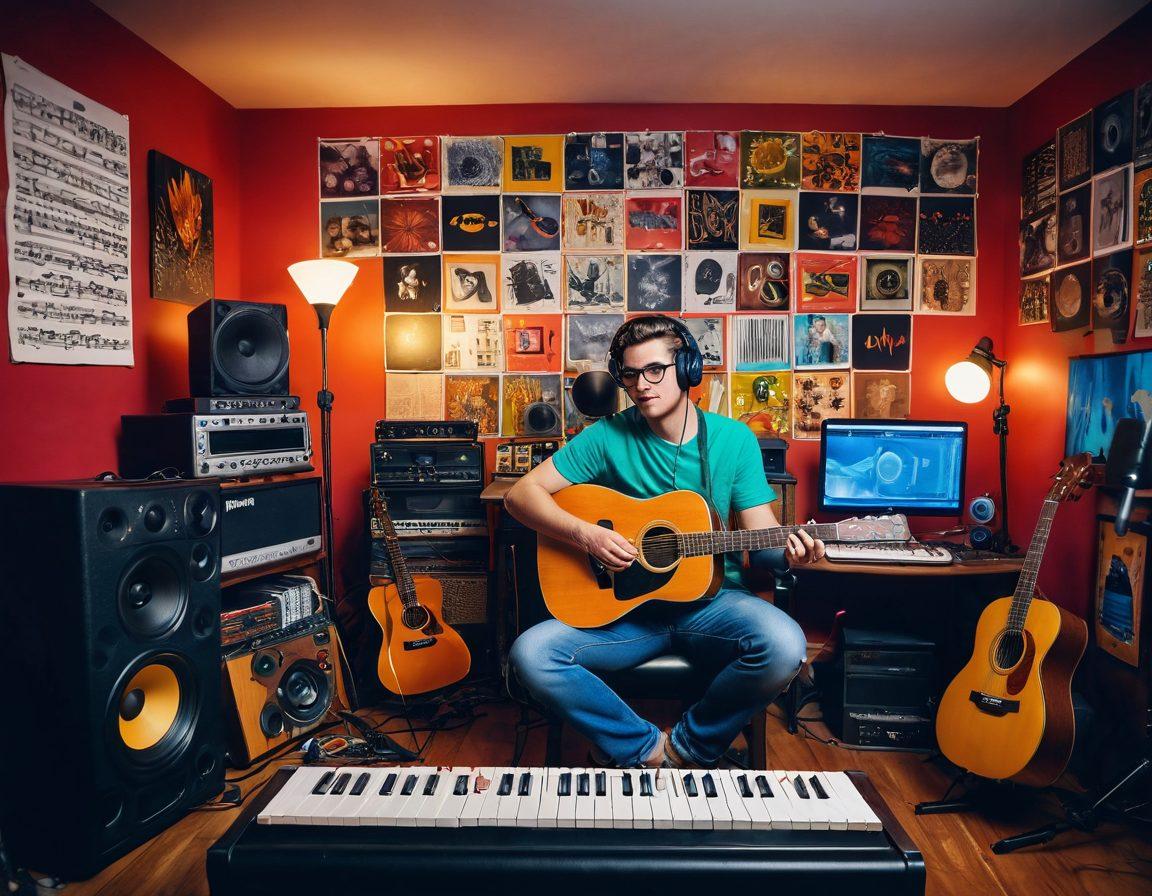 A dynamic music vlogger passionately recording content in a cozy home studio filled with colorful sound equipment and musical instruments. The background showcases vibrant album covers and notes swirling around to represent creativity, while the vlogger interacts with a camera and microphone, exuding energy and enthusiasm. The scene should evoke a sense of inspiration and engagement for aspiring content creators. super-realistic. vibrant colors. cozy ambiance.