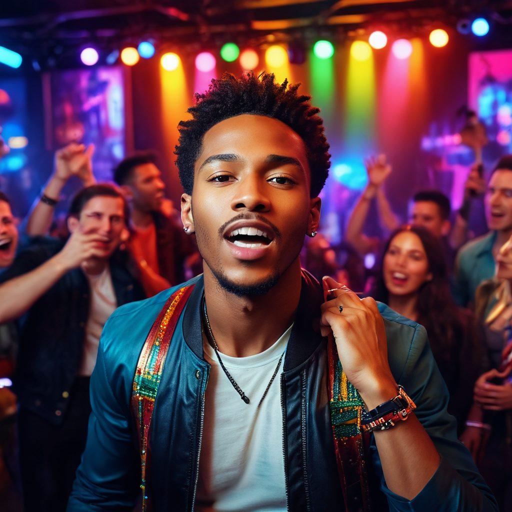 A dynamic music video set featuring a passionate musician with an expressive face, surrounded by colorful lights and vibrant instruments, capturing the essence of creativity. The background includes a camera crew filming the action, while a lively crowd enjoys the scene. The overall vibe should feel energetic and inspiring, depicting the journey from passion to artistry. super-realistic. vibrant colors. cinematic lighting.